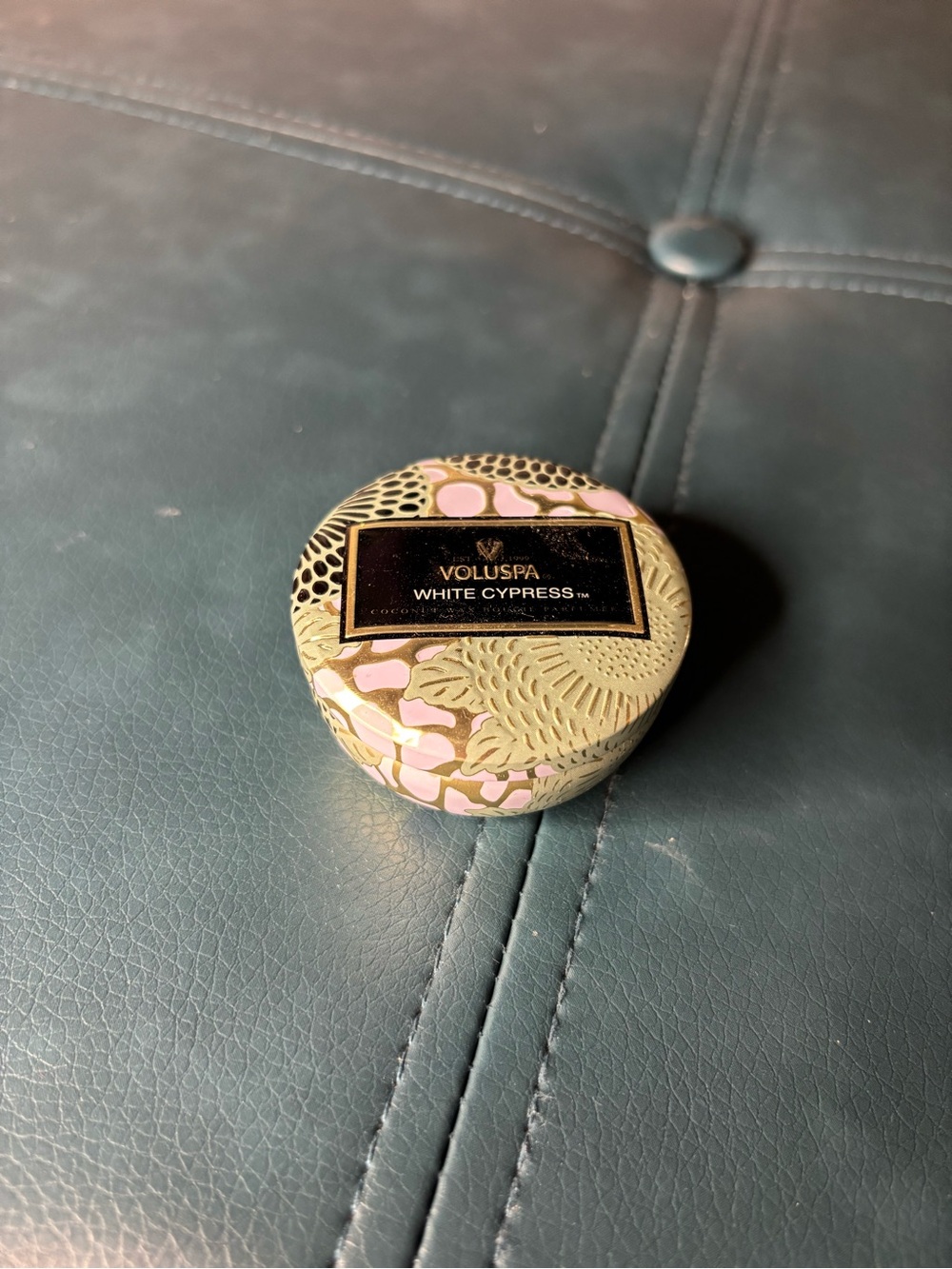 Voluspa White Cypress Tin Candle - Gold and Pink Accent